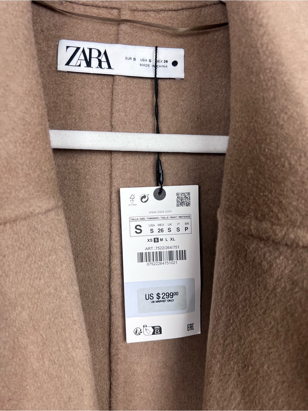 Zara Wool Blend Long Wrap Coat Camel Tan Size S Women’s - Picture 6 of 12